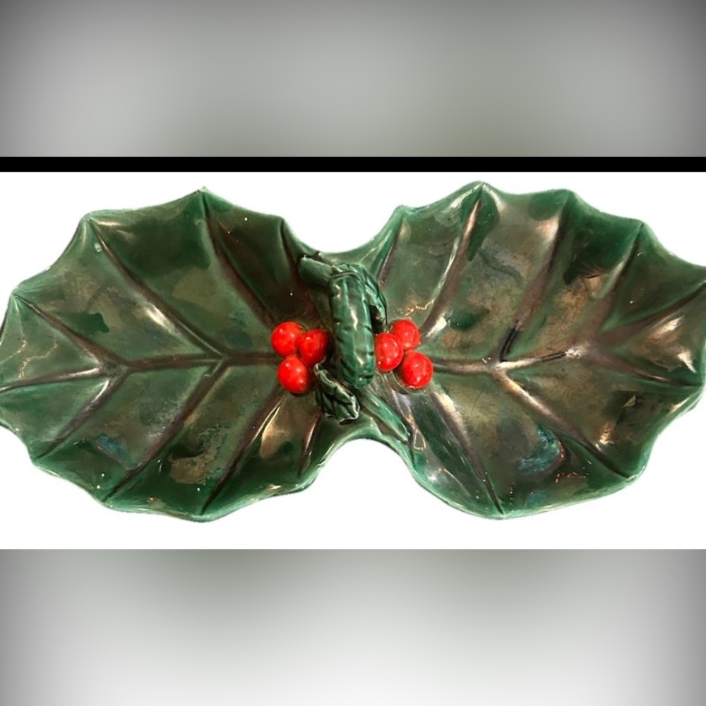 VTG Lefton Holly Berry Candy Nut Dish 2 Section Handle Hunter GR Japan #1349 MCM